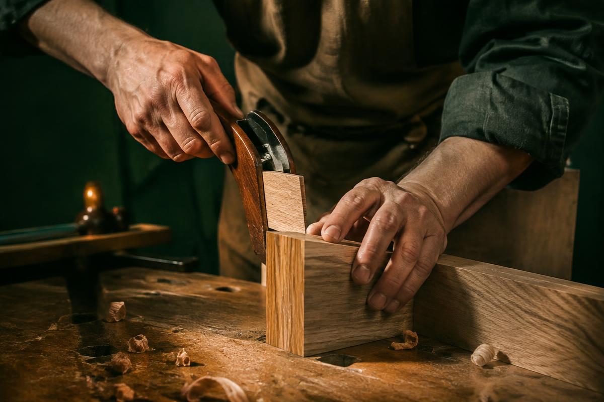 Carpenter shaping a precise oak joint