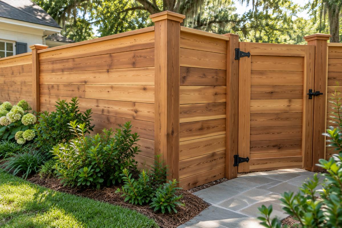 Cedar privacy fence and matching gate in a garden